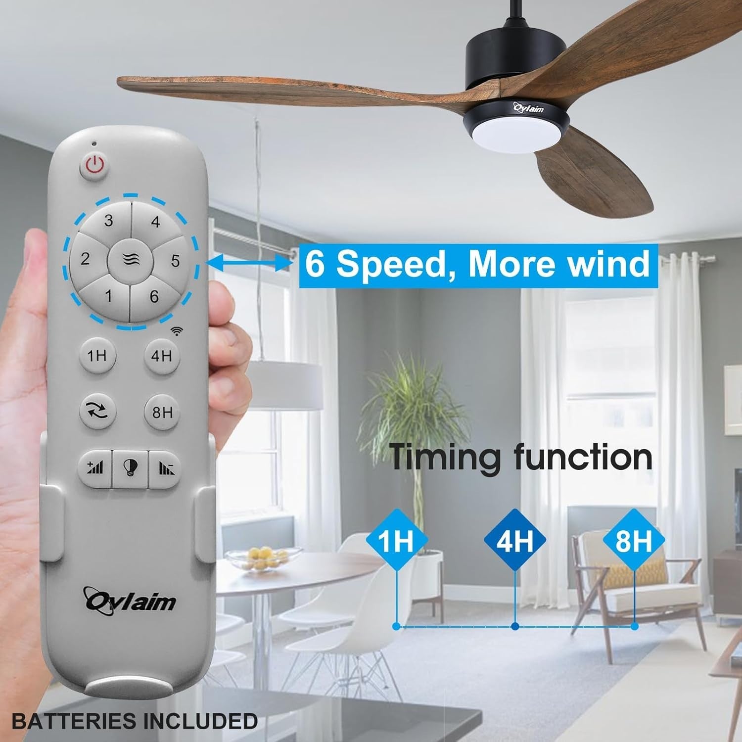 Ovlaim 132cm Wood Ceiling Fan with Light, Quiet DC Motor, Remote Control