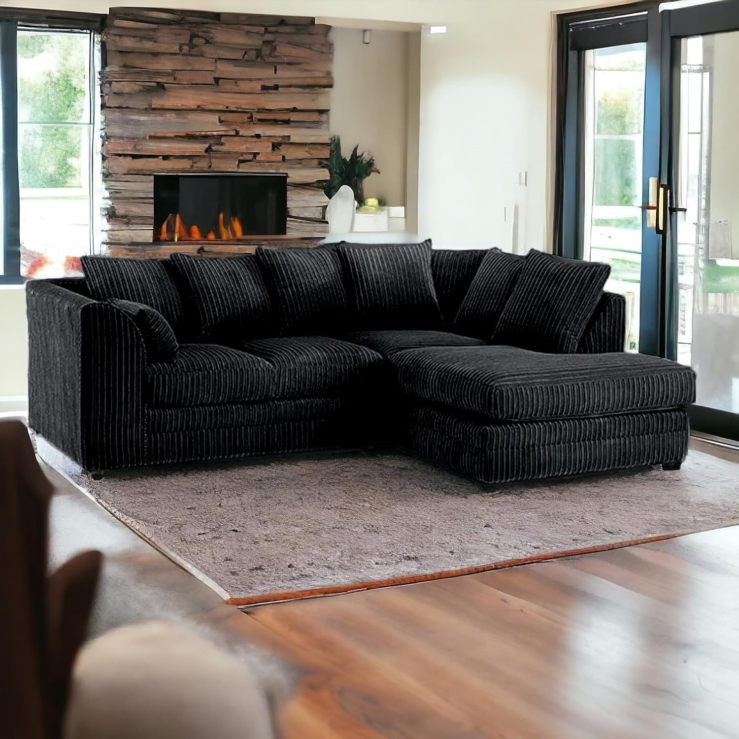 4 Seater Black Jumbo Cord Scatter Back Right Hand Corner Sofa with Deep Seats
