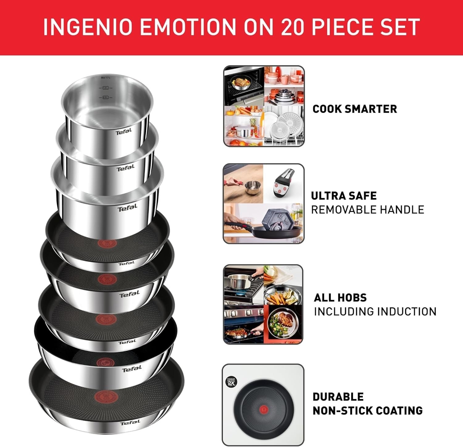 20Pcs Stackable Stainless Steel Cookware Set with Detachable Handles & Lids