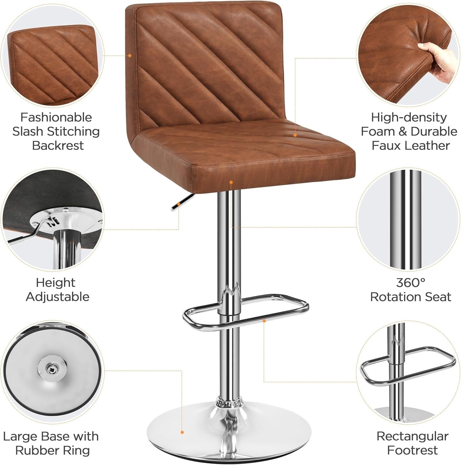 Retro Brown Adjustable Swivel Bar Stools Set of 2 Faux Leather Chairs