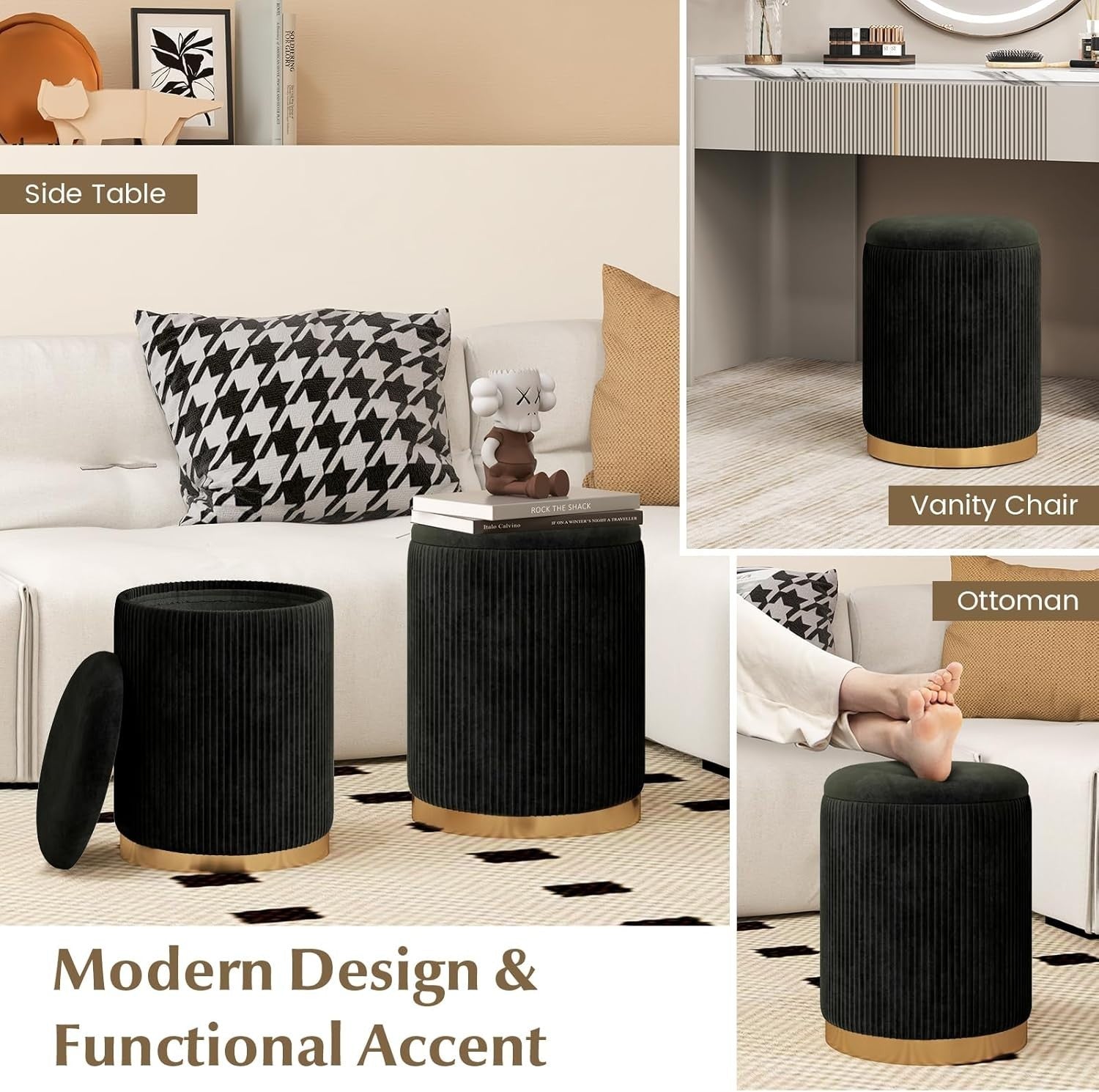 Black Velvet Nesting Footstools Set of 2 Storage Ottomans Round Gold Base