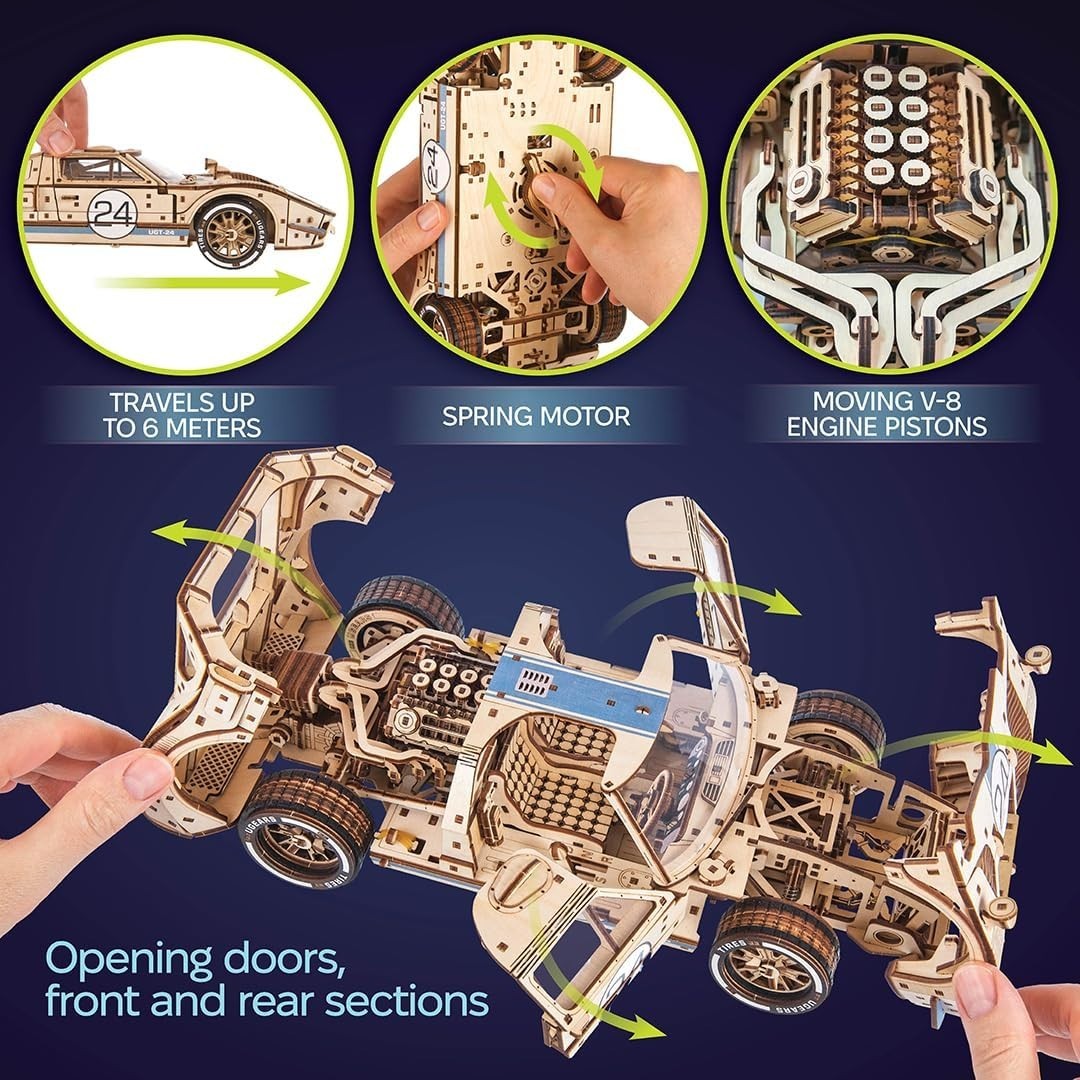 1:12 Scale Wooden Sports Car Puzzle – 970pc DIY Model with V8 Engine