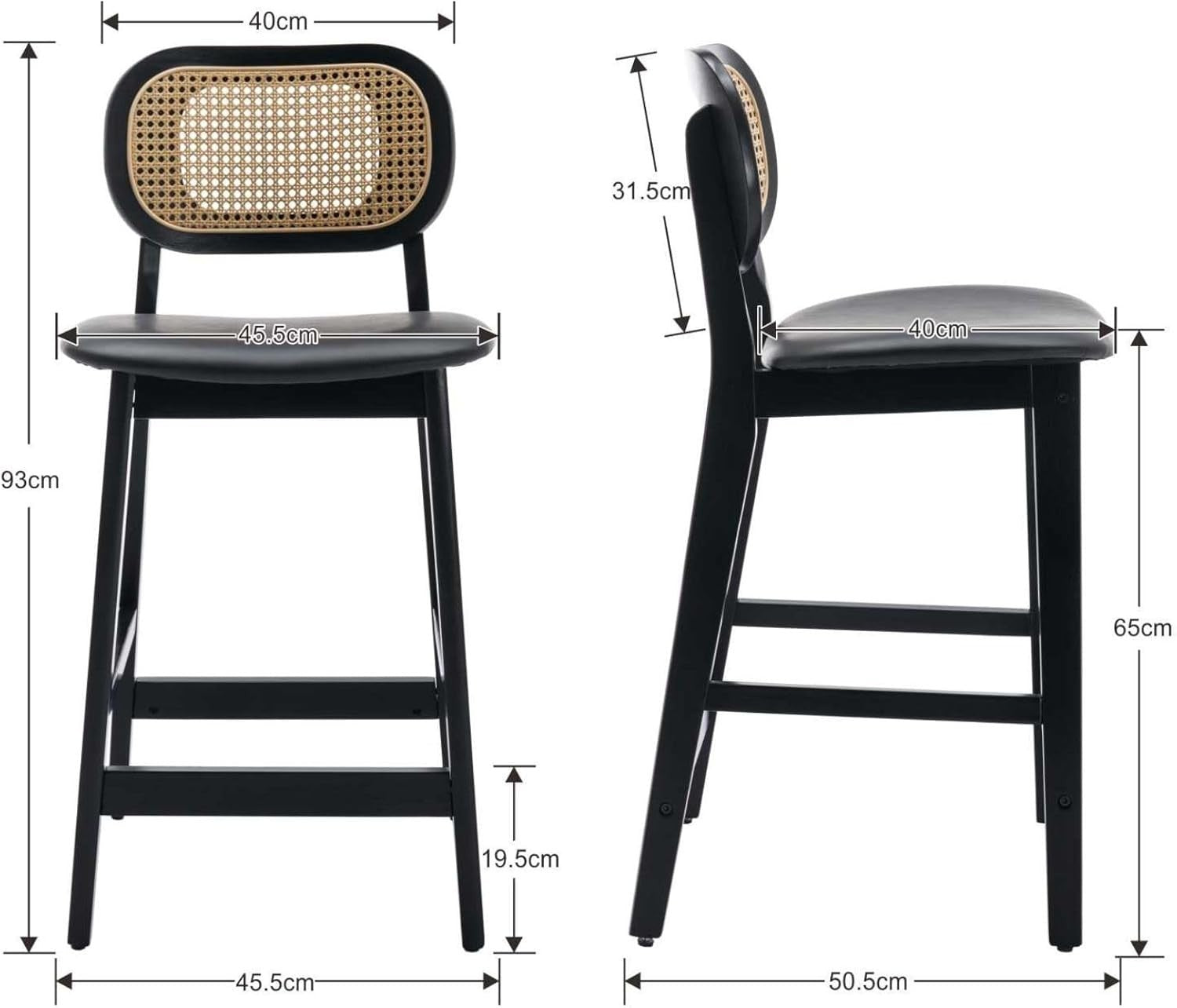 Rattan Bar Stools Set of 2 Counter Height Black Wooden Kitchen Island Chairs