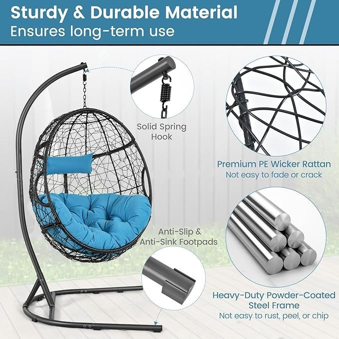 Hanging Egg Chair with Stand – Rattan Wicker, Cushions, Indoor Outdoor Use