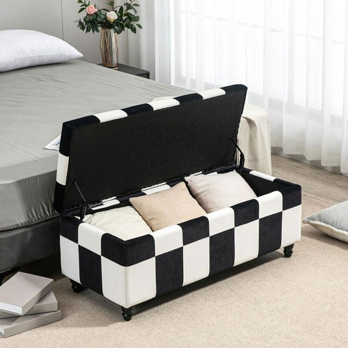 Black White Velvet Storage Ottoman Seat Box Toy Chest Bench w/ Lid & Legs