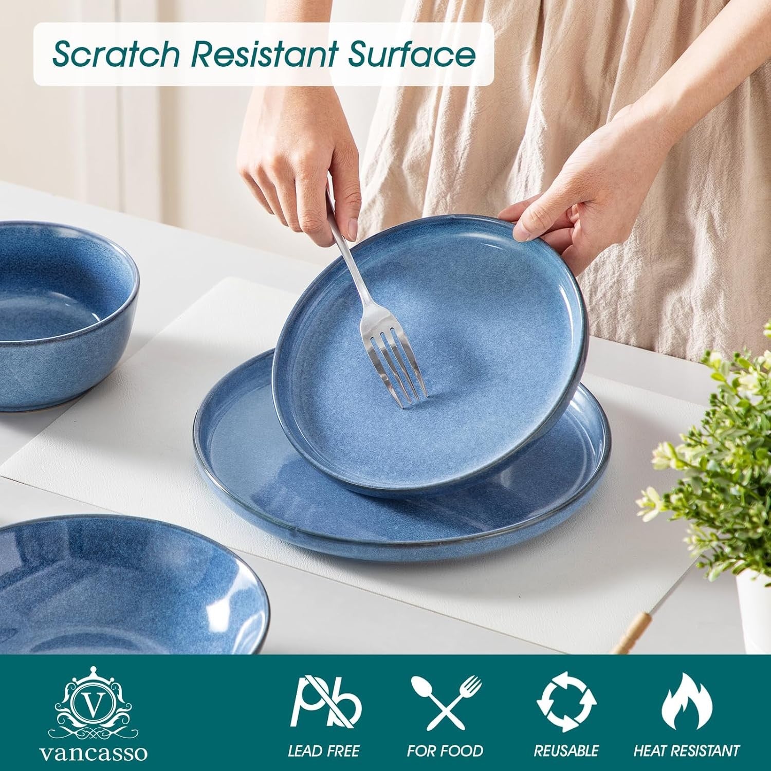 24pc Ceramic Dinner Set Blue Plates Bowls Microwave Dishwasher Safe