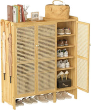 Large 5-Tier Bamboo Shoe Cabinet with Rattan Doors & Side Hooks, Slim Organizer