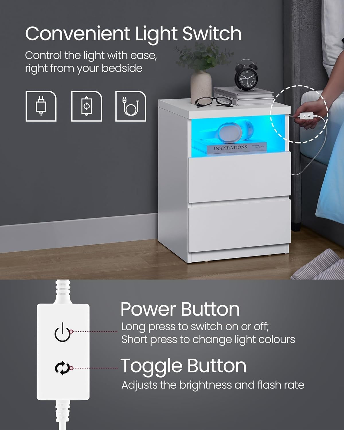 Set of 2 White LED Bedside Tables with Drawers, Modern Storage Nightstands