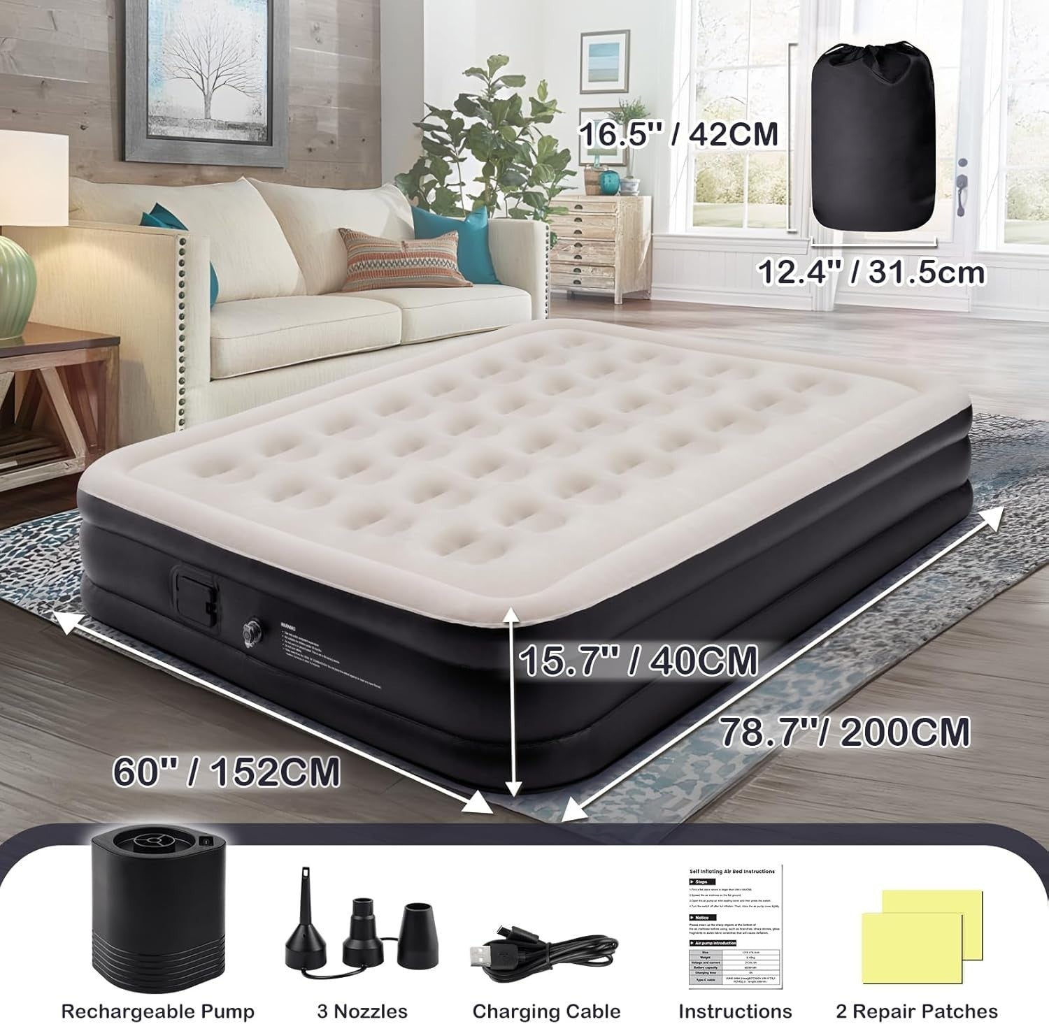 Double Air Bed with Built-in Pump, Self-Inflating Mattress 200x152x40