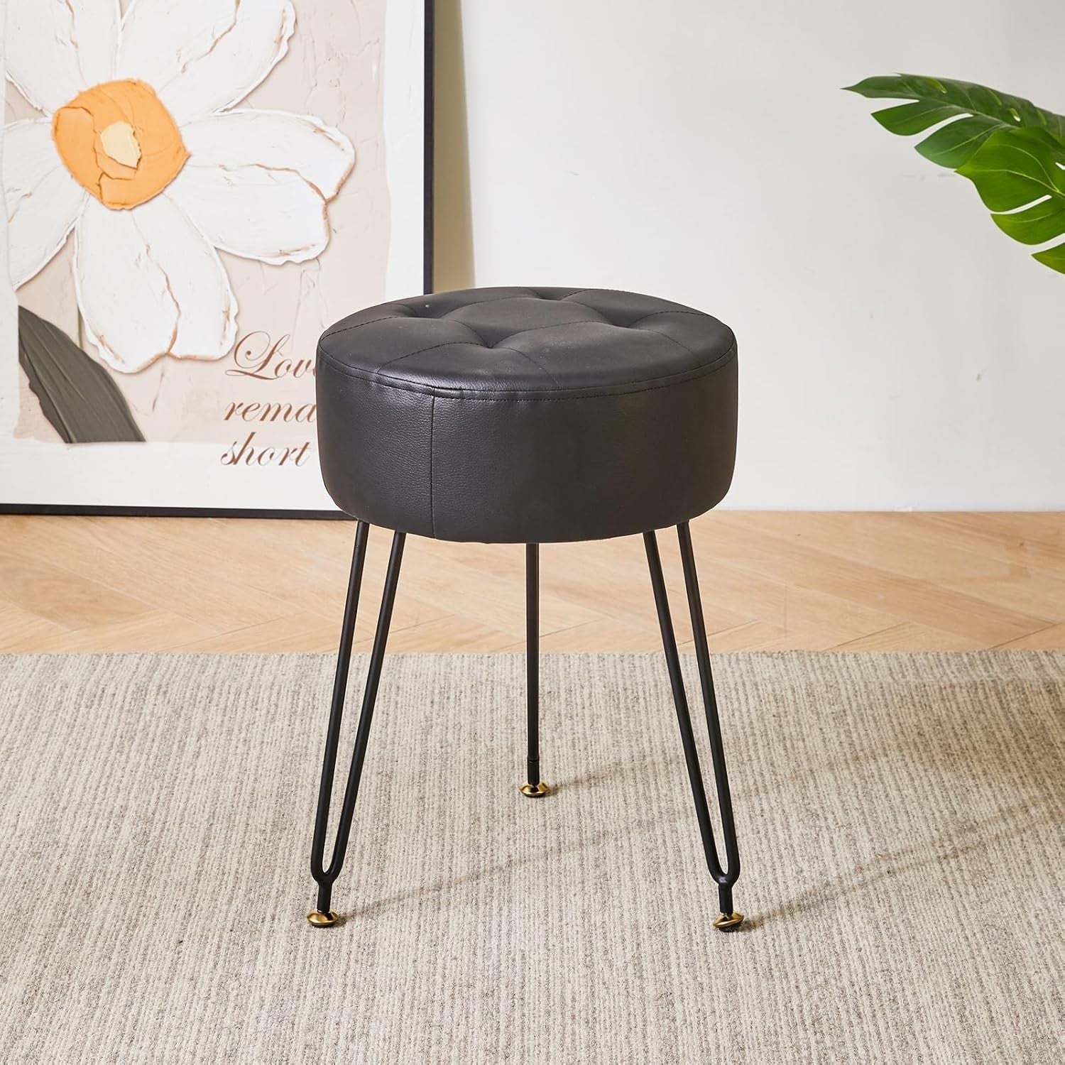 Black PU Round Footrest Stool – Velvet-Soft Vanity Seat with Gold Legs