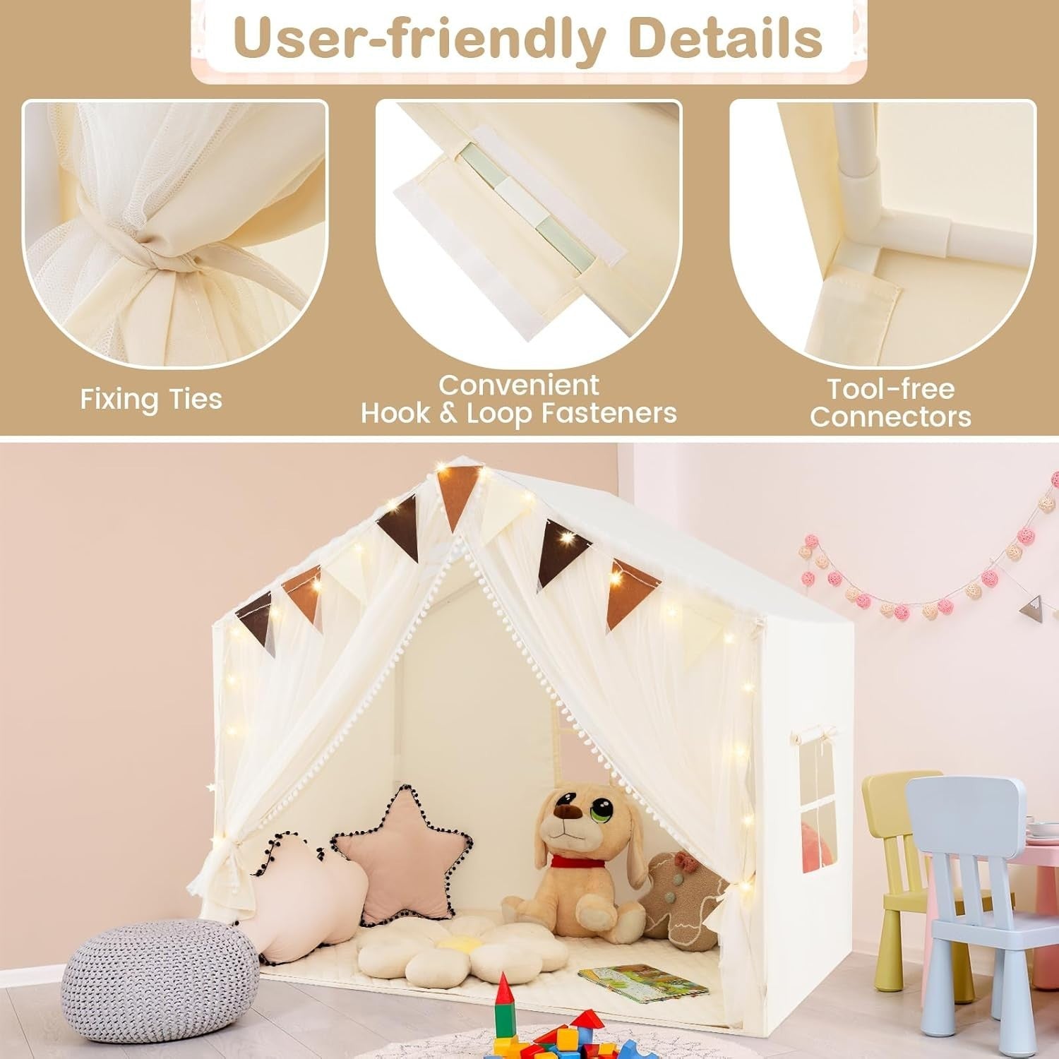 Large Kids Play Tent Castle Indoor w Star Lights Mat Windows Playhouse