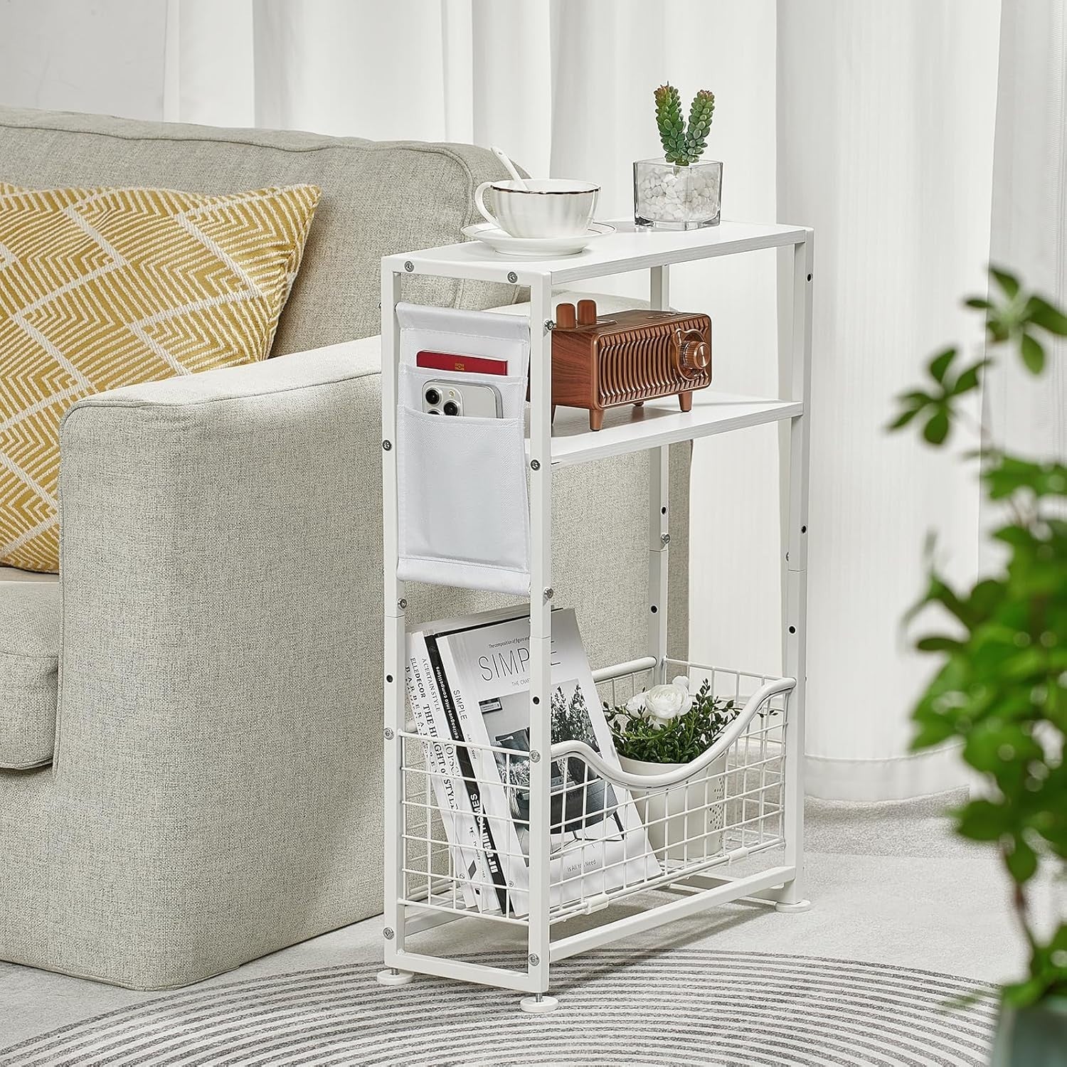 White 3-Tier Narrow Side Table 30x30x50 cm | Slim End Table w/ Storage
