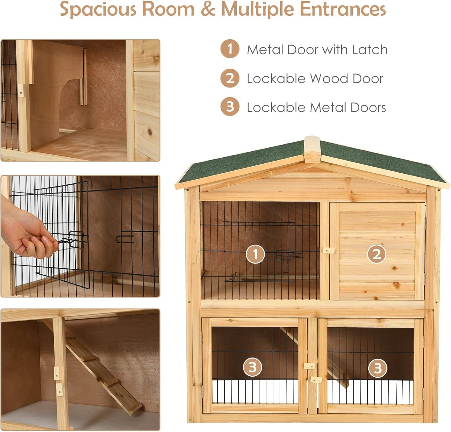 Wooden Rabbit Hutch 2 Storey Indoor Outdoor Pet Cage Ramp Doors
