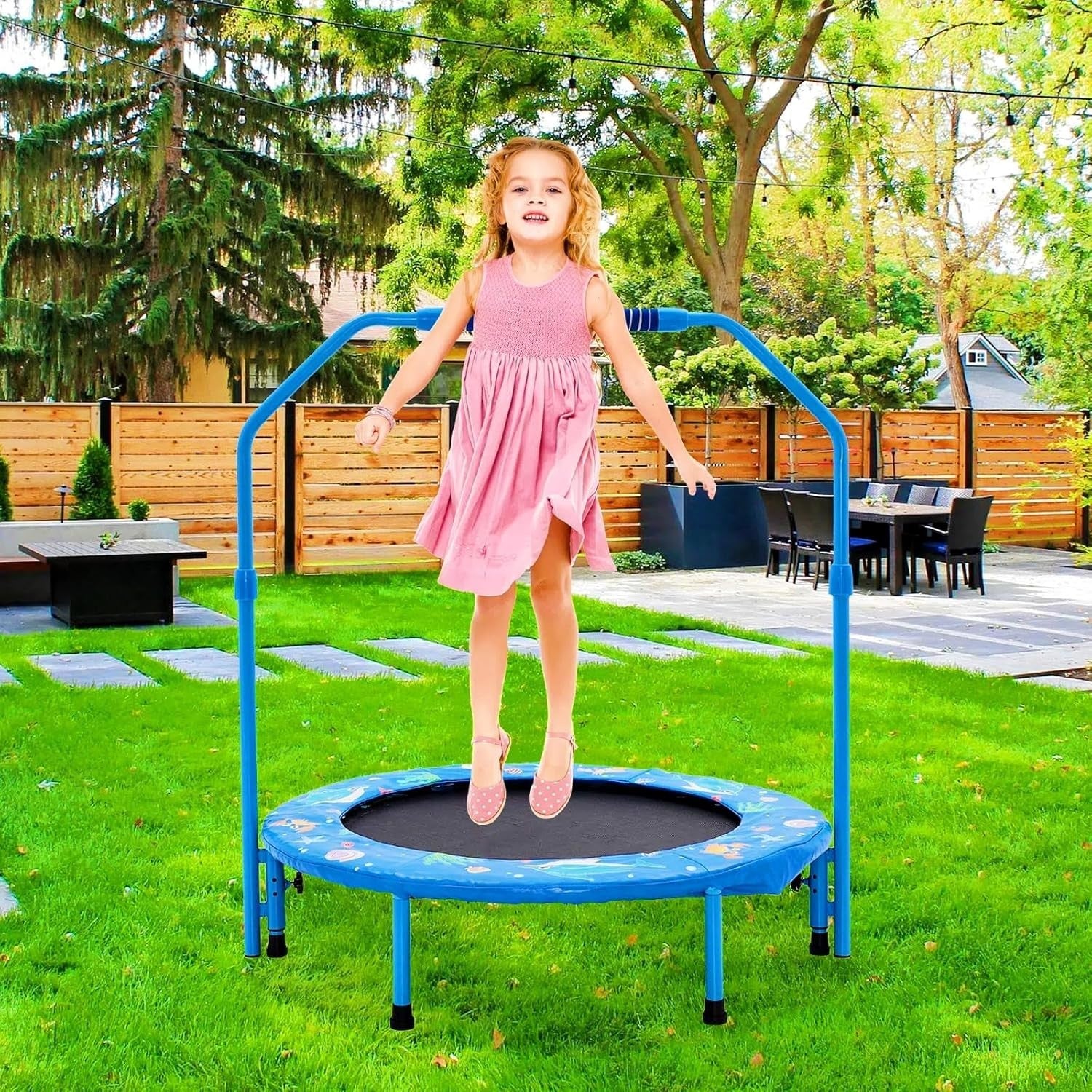 36'' Kids Mini Trampoline Adjustable Handle Foldable Quiet Indoor Outdoor