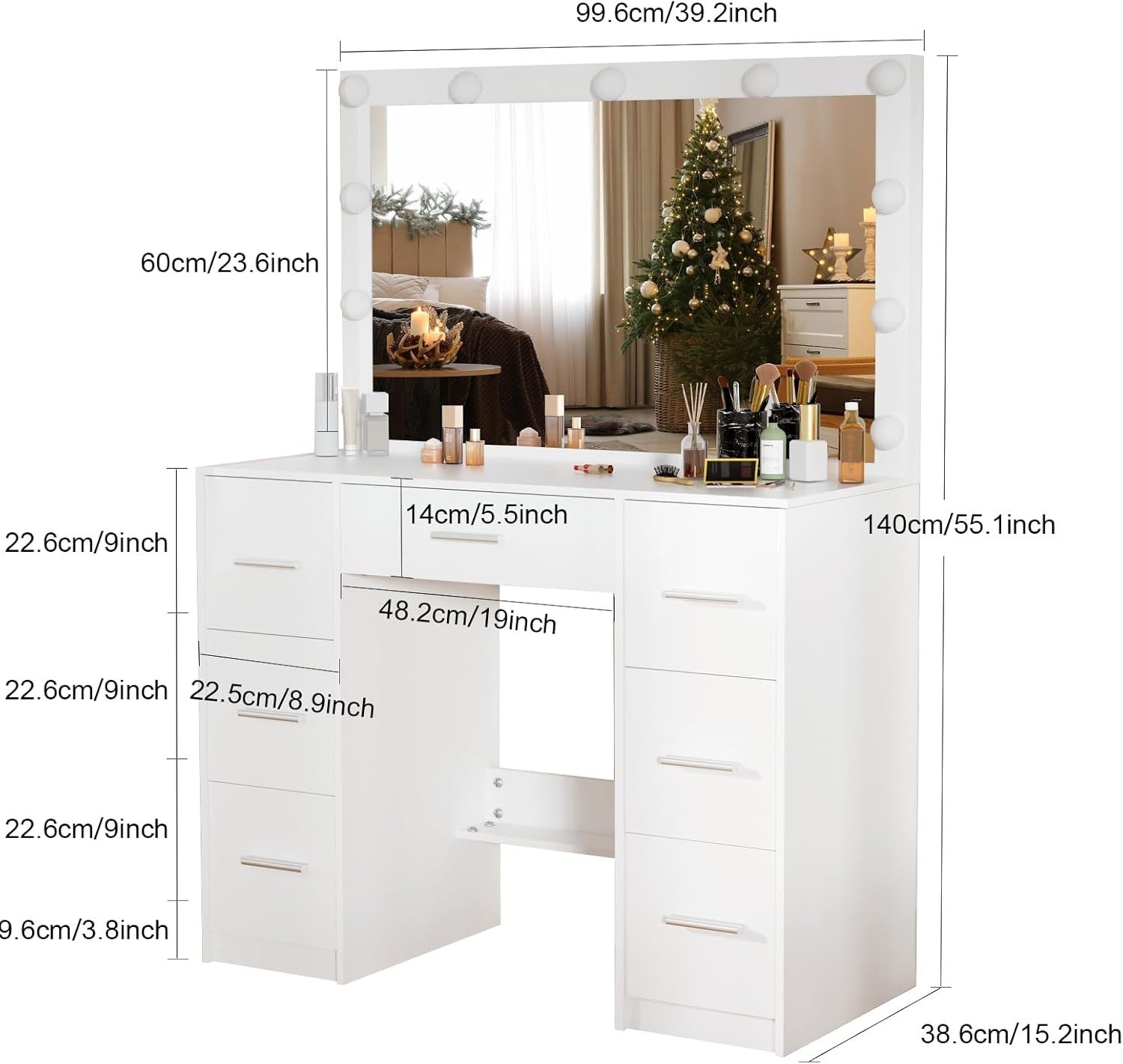 White Vanity Makeup Dresser Table 7 Drawers Large Mirror 3-Color LED Light Stool