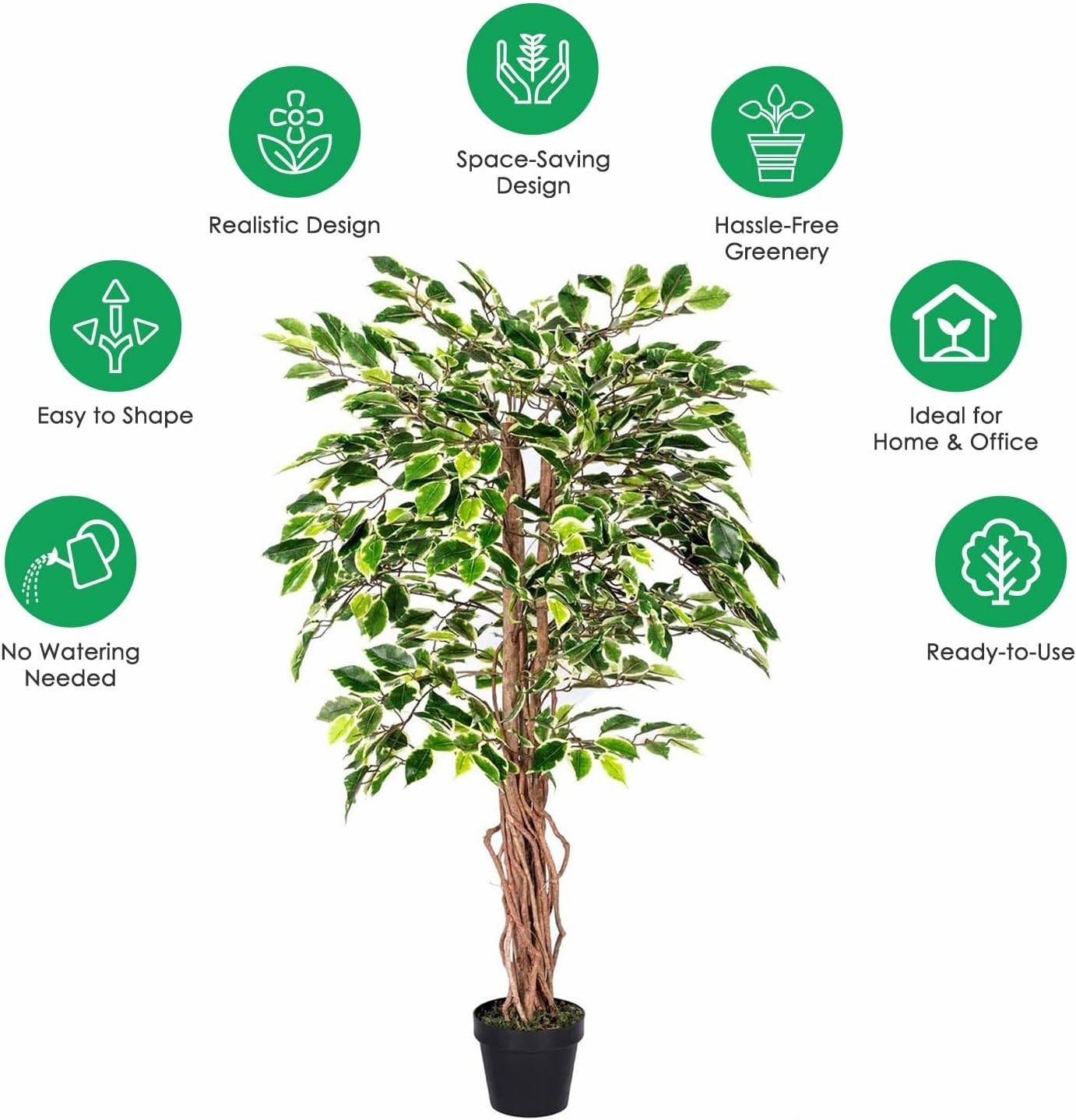 4ft Variegated Ficus Tree Real Wood Trunk Lifelike Indoor Artificial Plant Decor