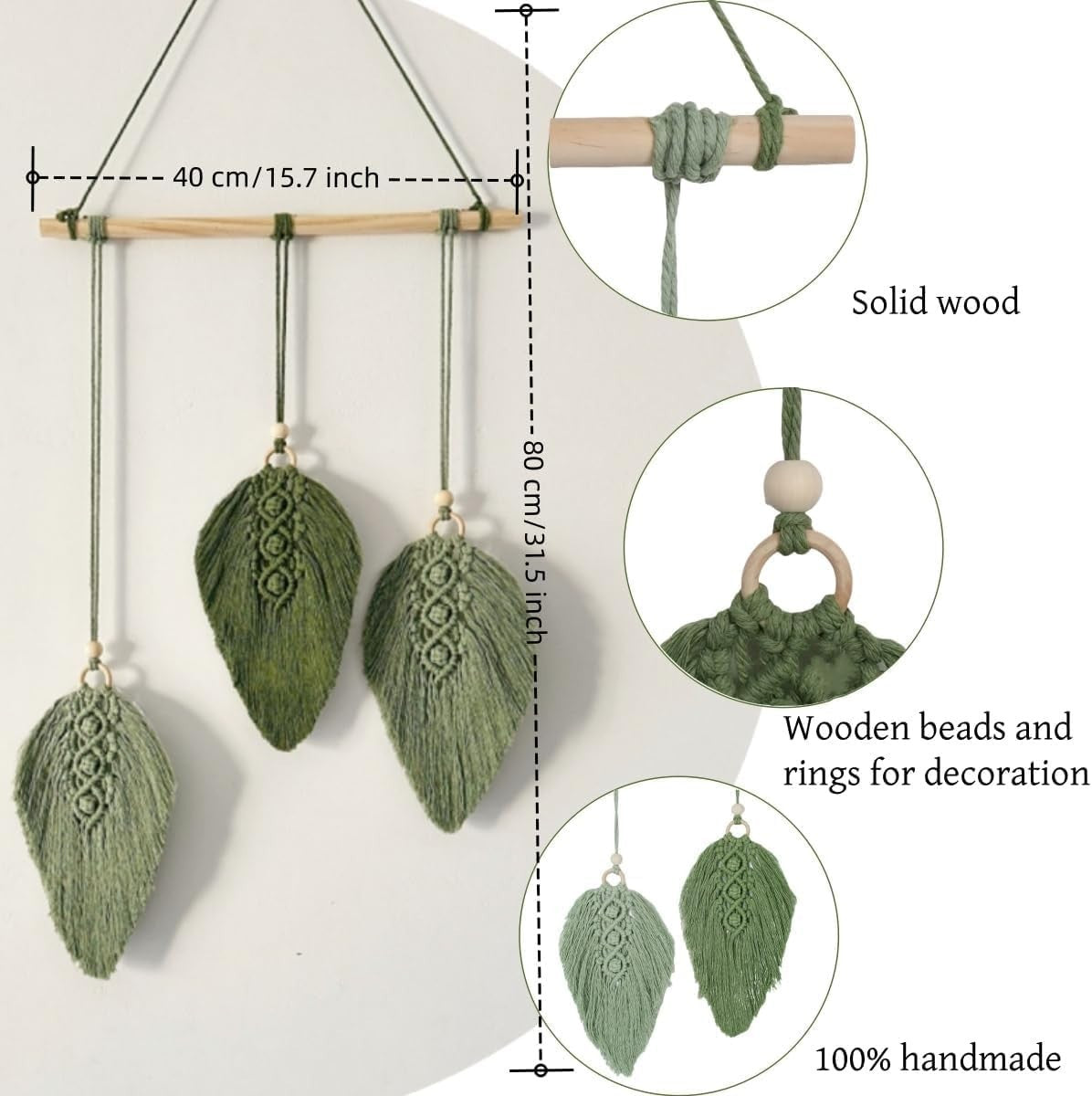 Green Macrame Leaf Wall Hanging Boho Woven Tapestry 80cm