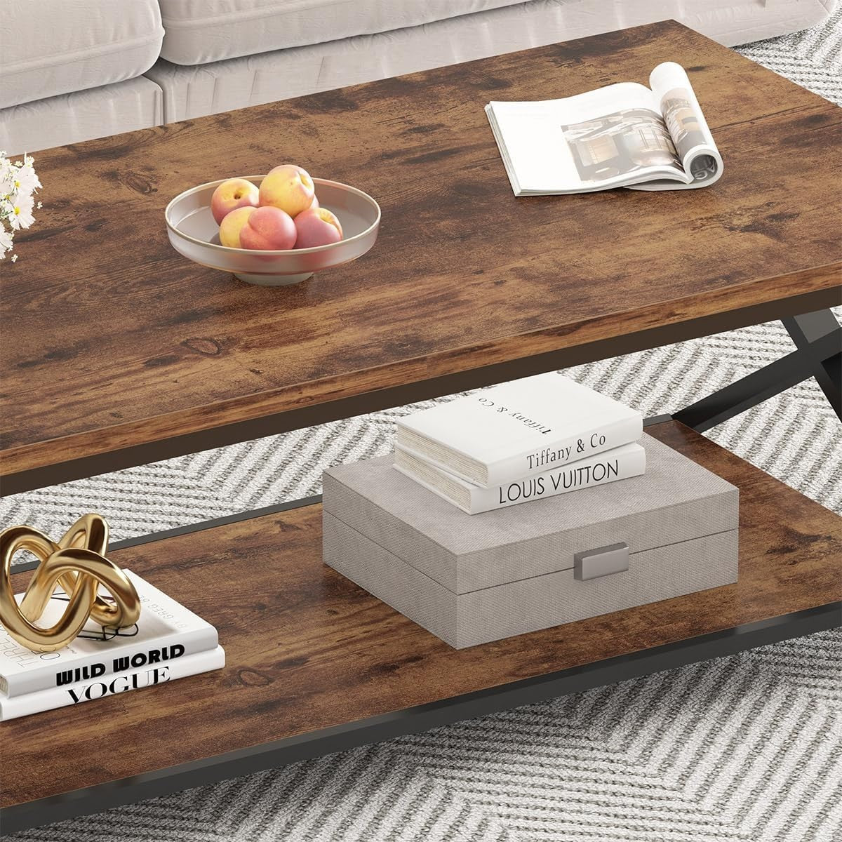 Industrial Coffee Table with Storage Shelf, 47" Rustic Wood Metal Living Room