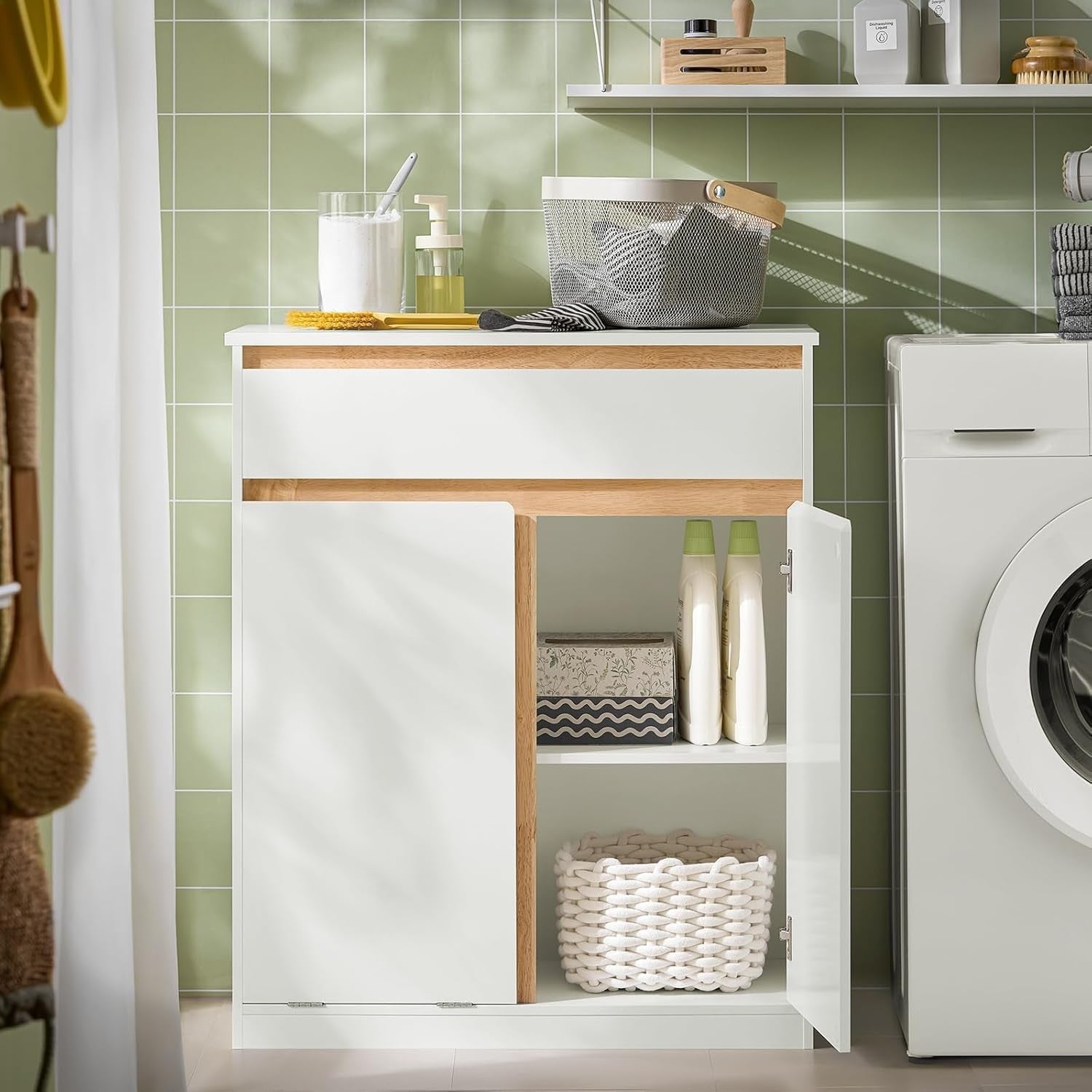 Slim Bathroom Storage Cabinet with Drawer & Laundry Basket White Unit