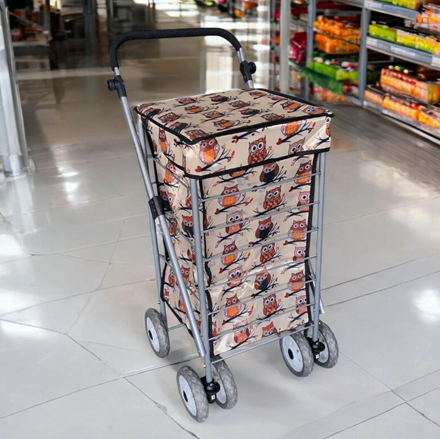 Foldable 6-Wheel Shopping Trolley 60L Lightweight Cart Beige Owl Print