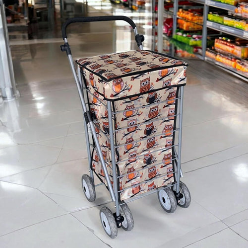 Foldable 6-Wheel Shopping Trolley 60L Lightweight Cart Beige Owl Print