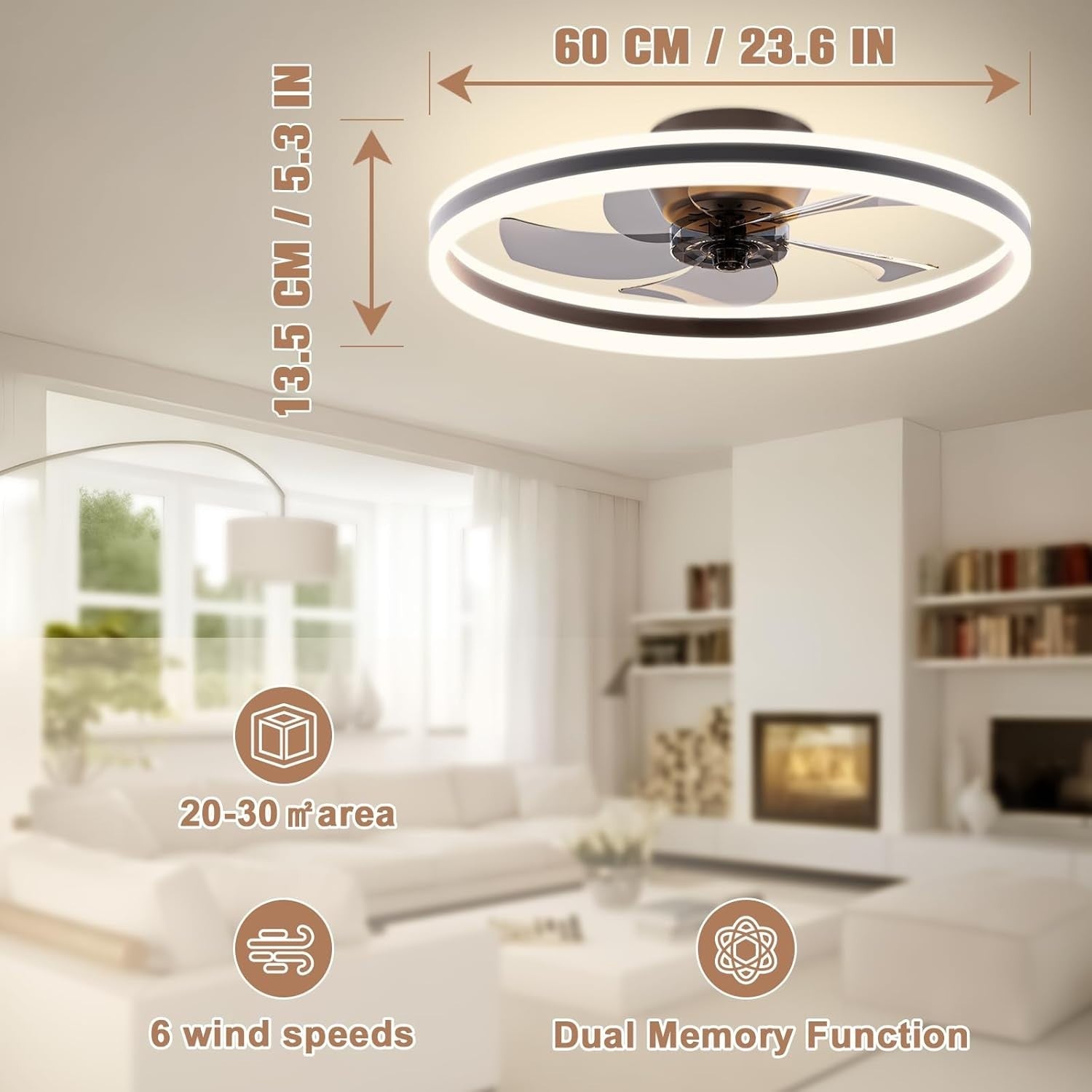 60cm Ceiling Fan with Light, Remote, 6 Speeds, Dimmable, Black