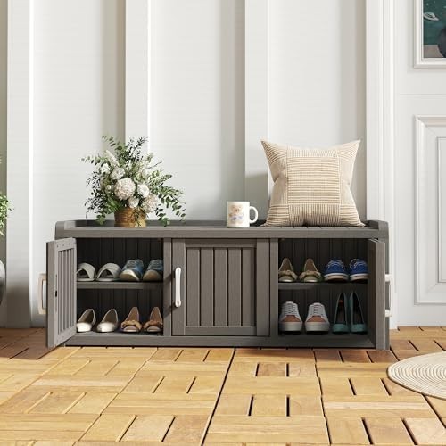 Waterproof Outdoor Shoe Storage Cabinet Bench 3 Door Resin Grey