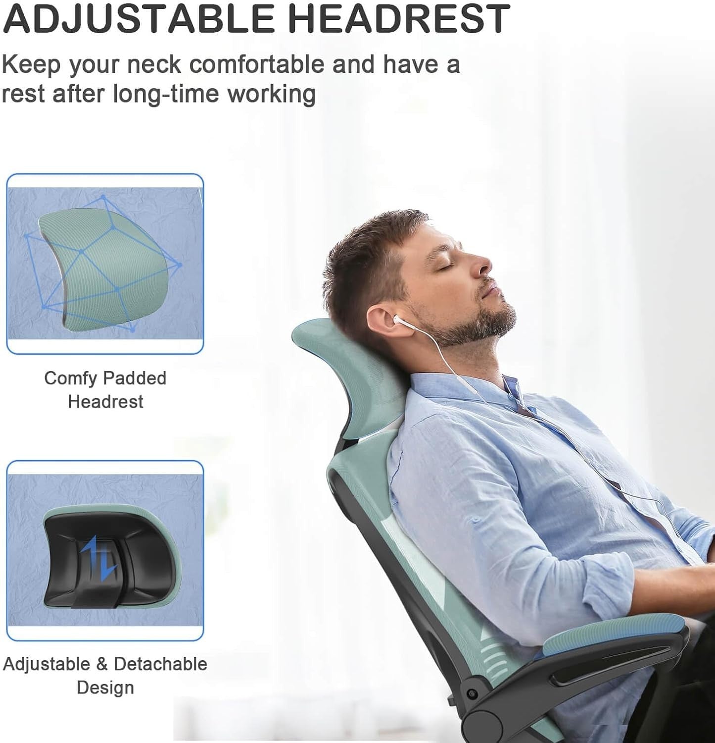 Ergonomic Mesh Office Chair Lumbar Support High Back Flip Armrests Mint Green