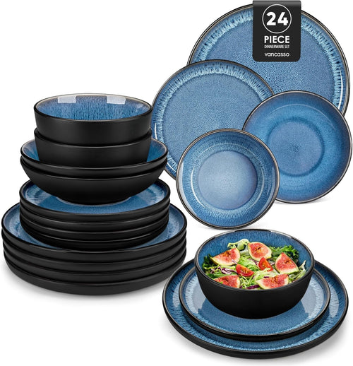 24pc Blue Stoneware Dinner Set Plates Bowls Mediterranean Style Service for 6