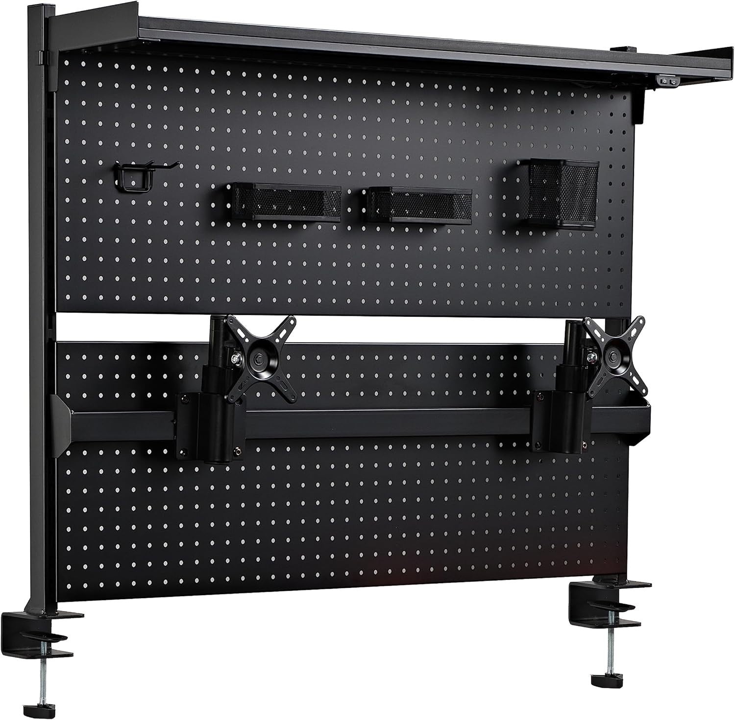 Clamp-On Desk Pegboard w/ Dual Monitor Stand RGB Steel Organizer Black