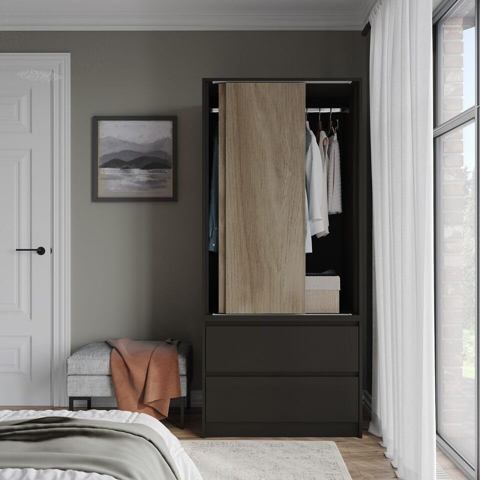 Modern 2-Door Sliding Wardrobe with Hanging Rail & 2 Drawers - Silent Doors