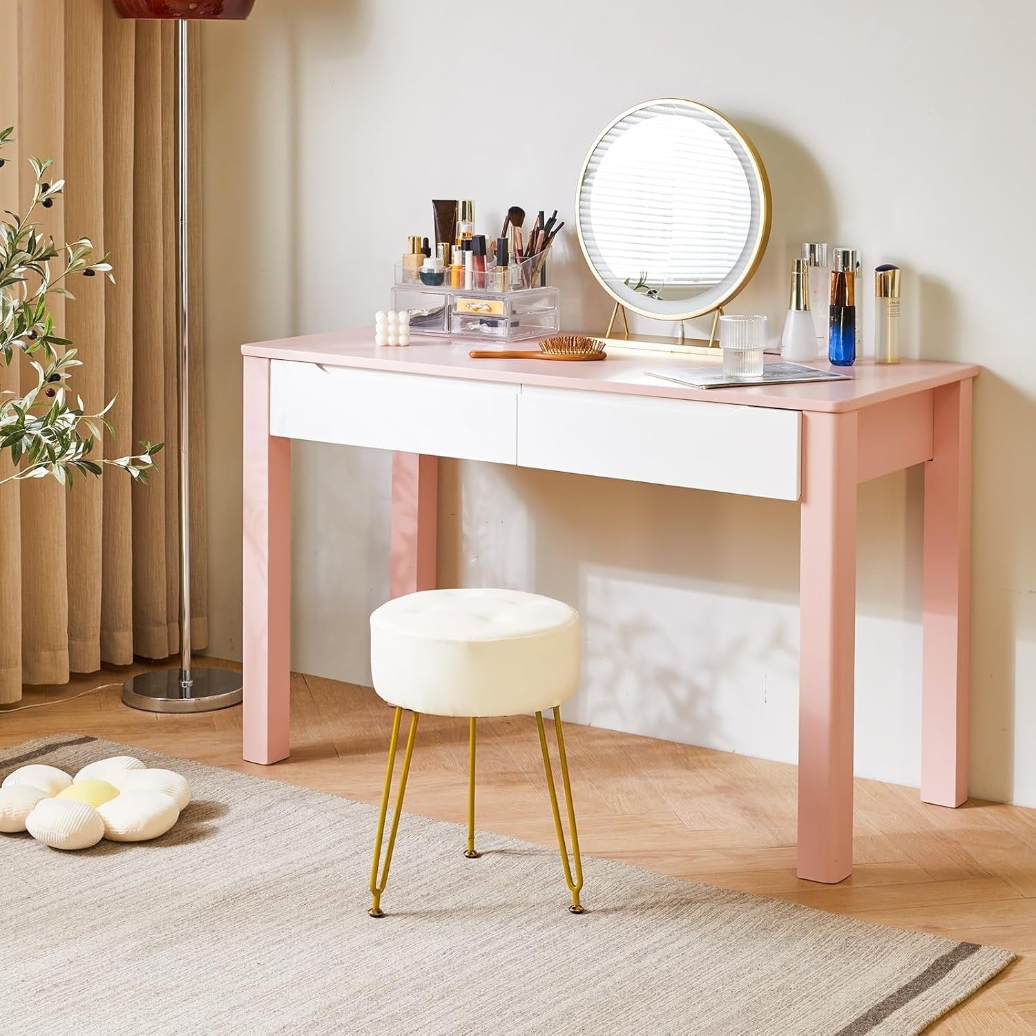 White PU Round Footrest Stool – Velvet-Look Vanity Seat with Gold Legs