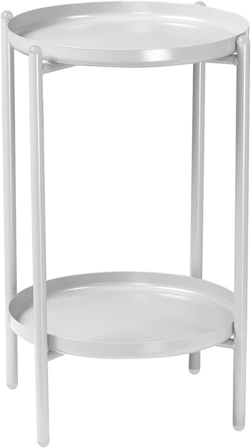 2-Tier Round Metal Side Table 50cm High – Sturdy Shelf, Multi-Room Use White