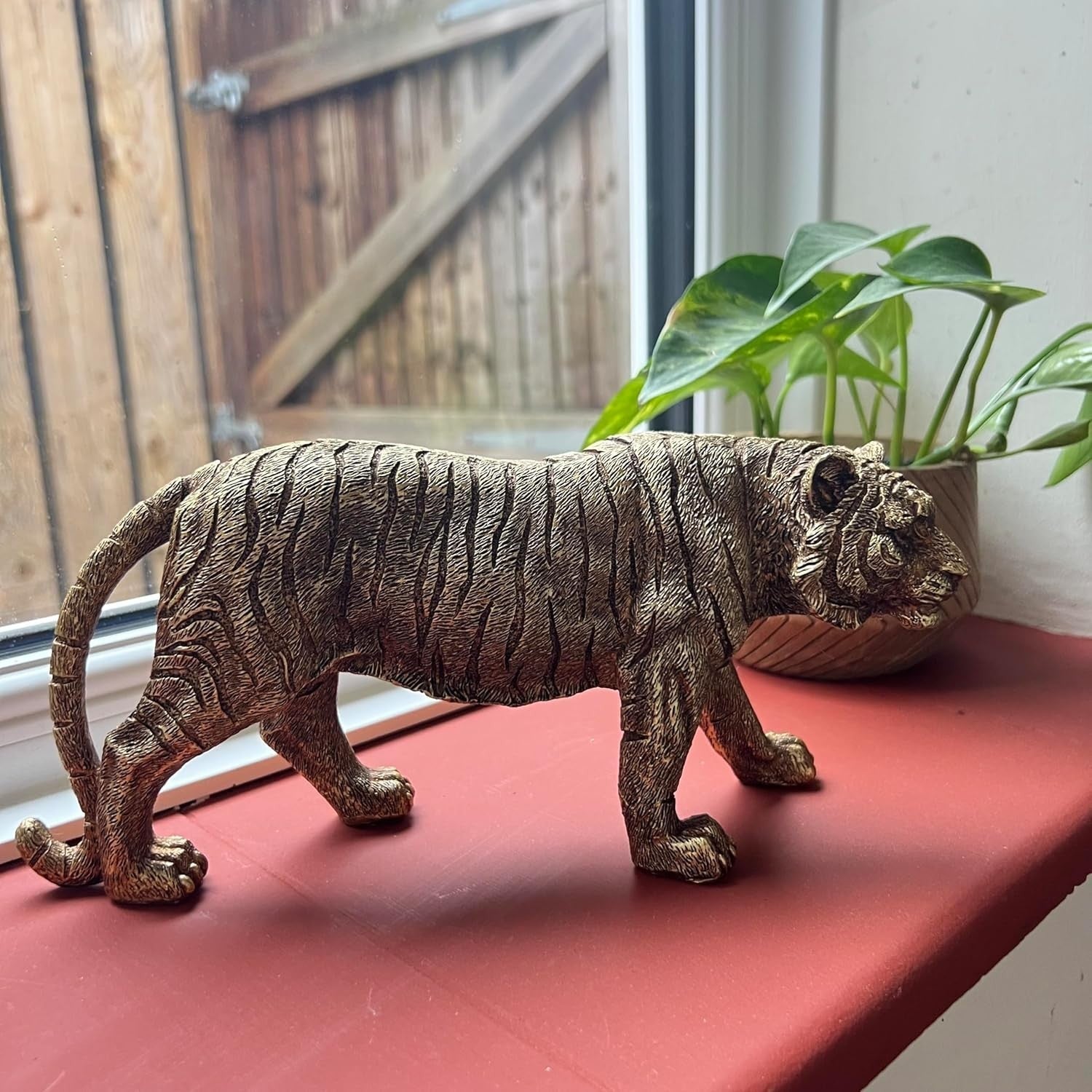 Bronze Effect Tiger Statue Ornament • Detailed Resin Wildlife Decor • 23cm