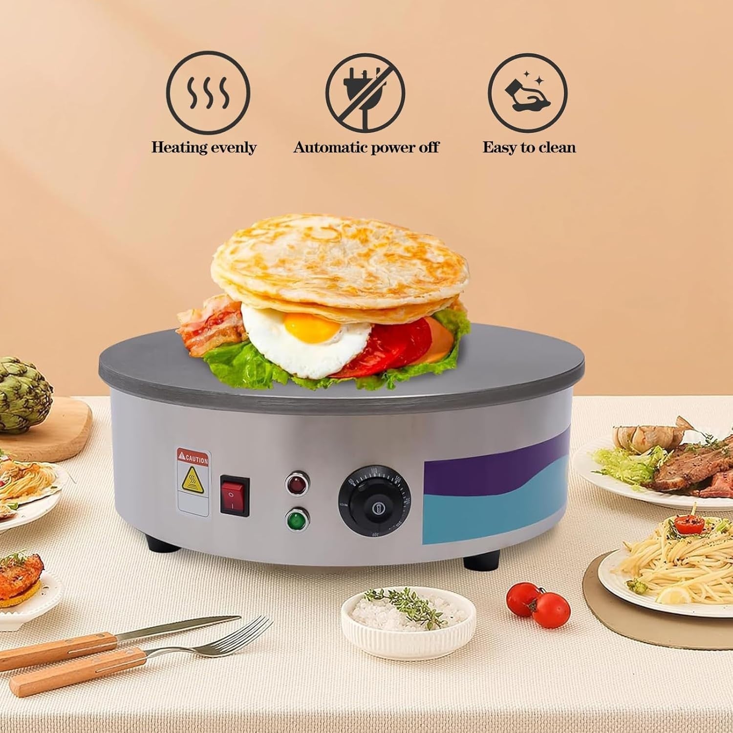 Commercial Electric Crepe Maker 45cm Adjustable Temp Non-Stick Cast Iron Pancake