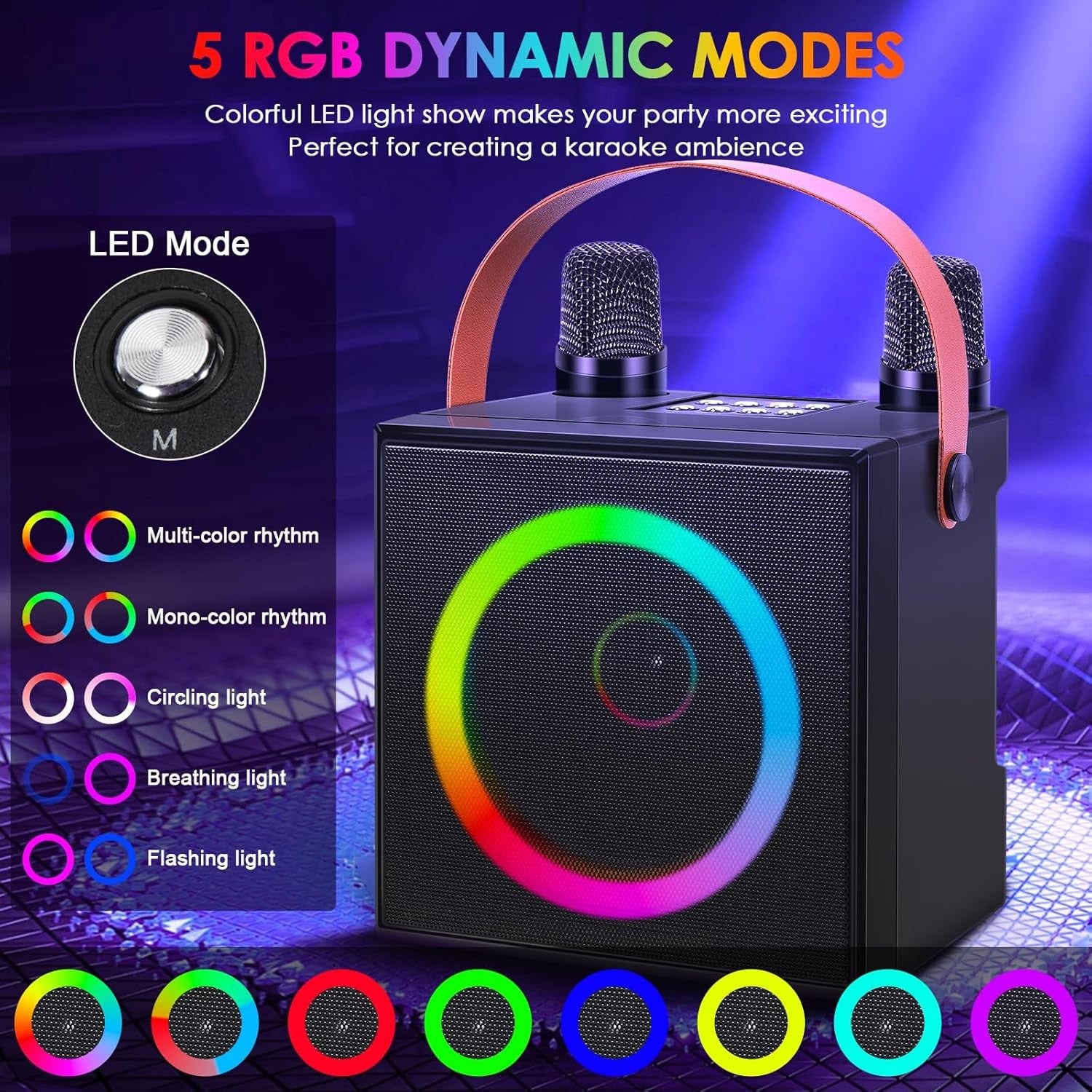 Mini Bluetooth Karaoke Machine 2 Wireless Mics LED Speaker