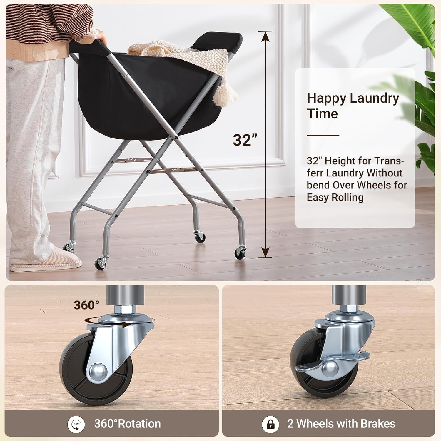 Rolling Laundry Cart with Wheels Large 32" Hamper Removable Liner & Metal Frame