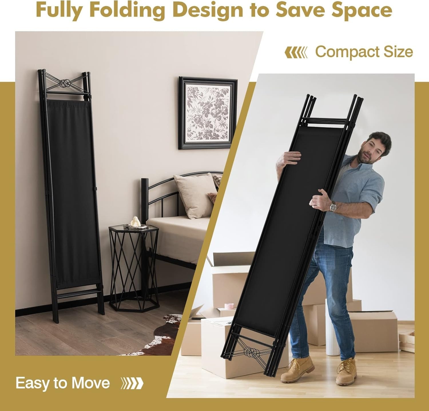 4 Panel Black Folding Room Divider Screen Privacy Partition for Bedroom Office