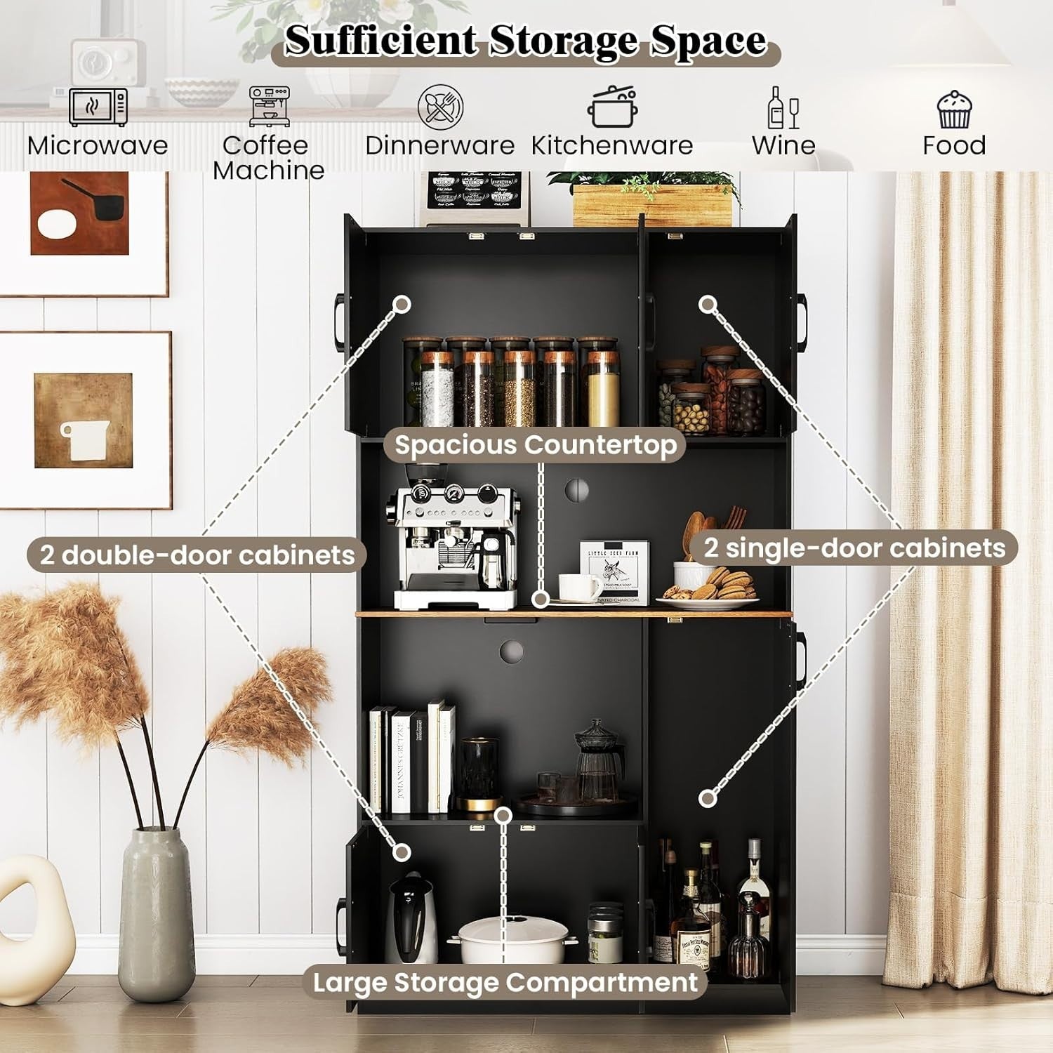 180cm Tall Kitchen Storage Cabinet 6-Door Pantry Black | Built-in Outlet