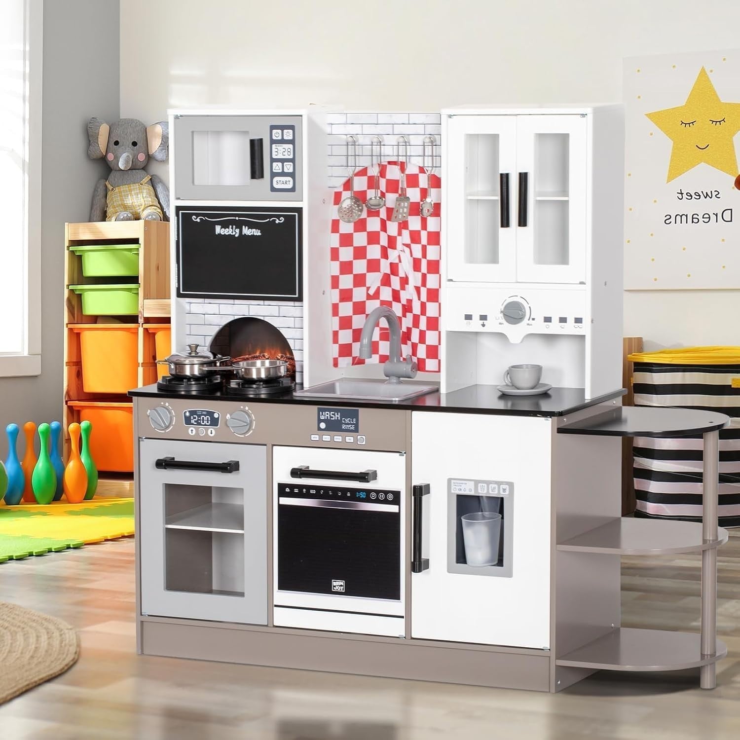 Wooden Kids Play Kitchen White Ice Maker Coffee Machine Toy Set