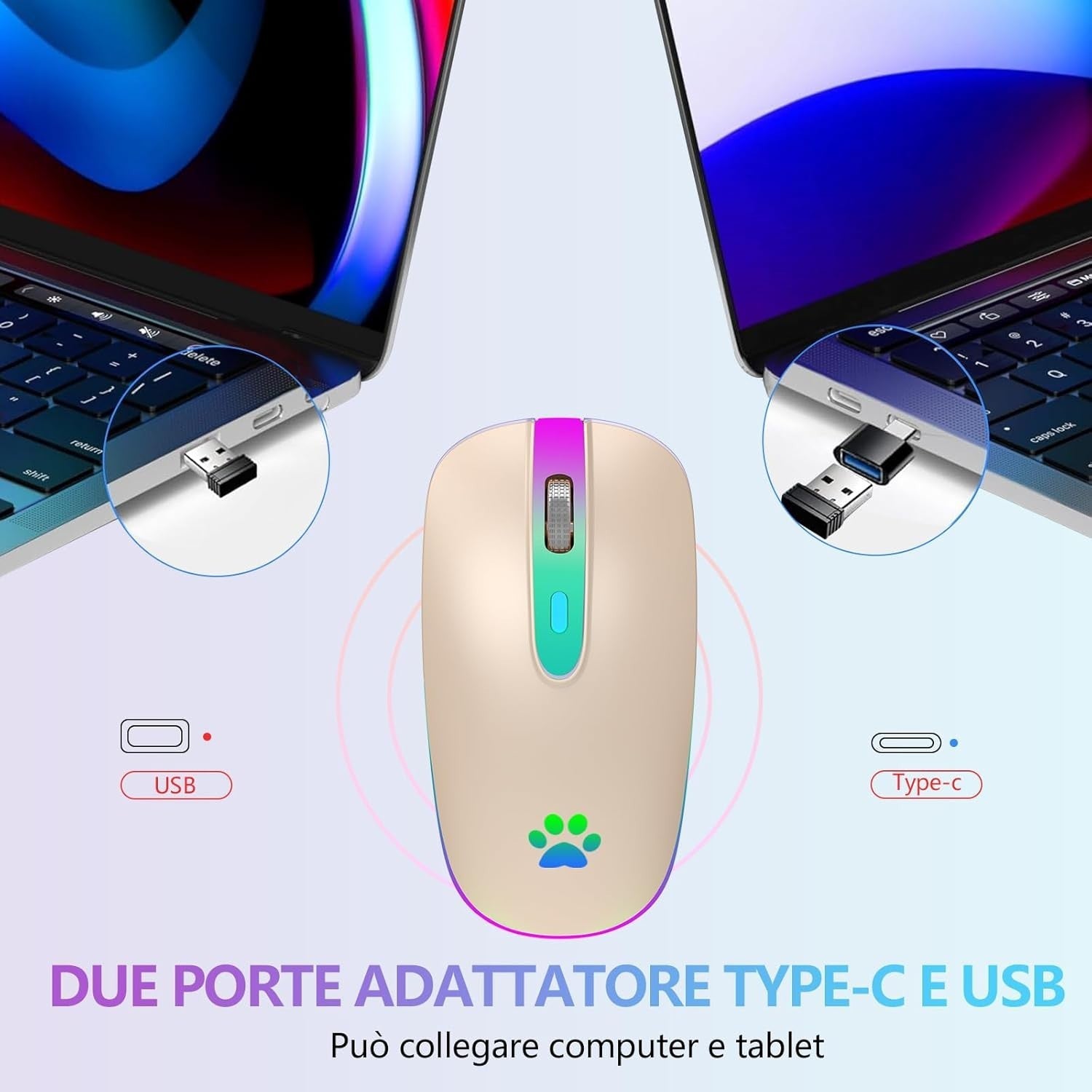 Pink Rechargeable Wireless Mouse Bluetooth 1600 DPI RGB USB