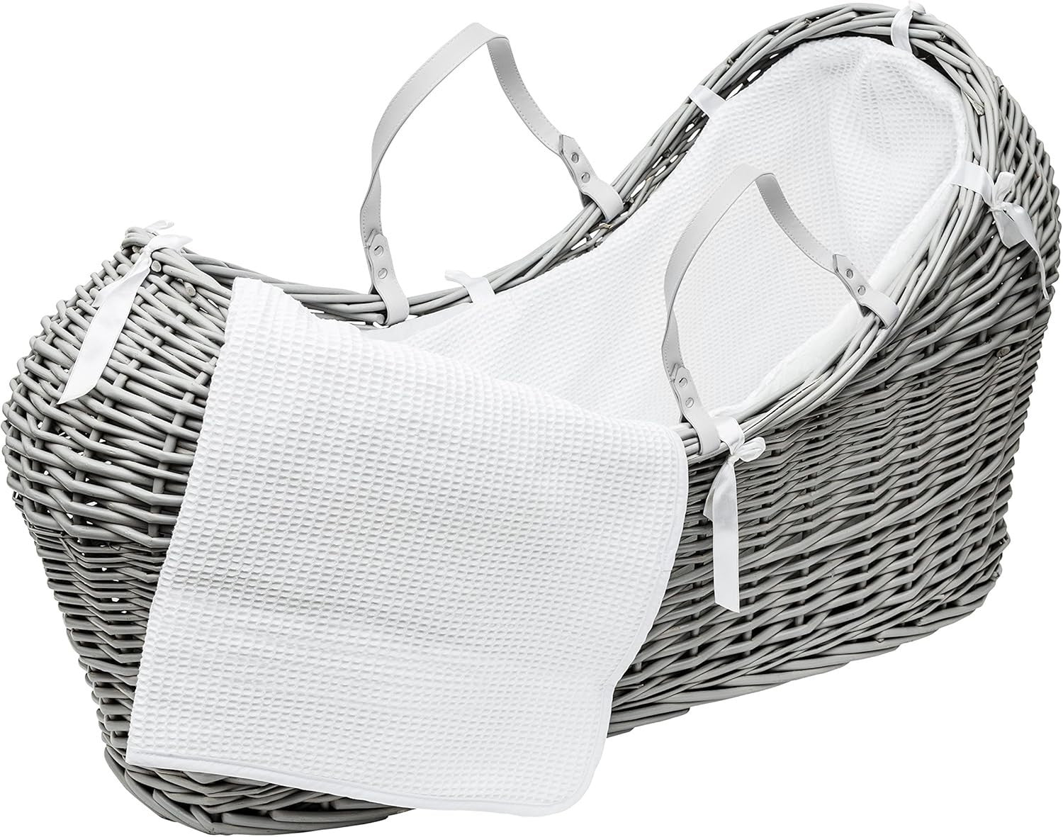 Grey Wicker Moses Basket with Full Bedding & Mattress Baby Crib Pod Bed