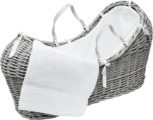 Grey Wicker Moses Basket with Full Bedding & Mattress Baby Crib Pod Bed