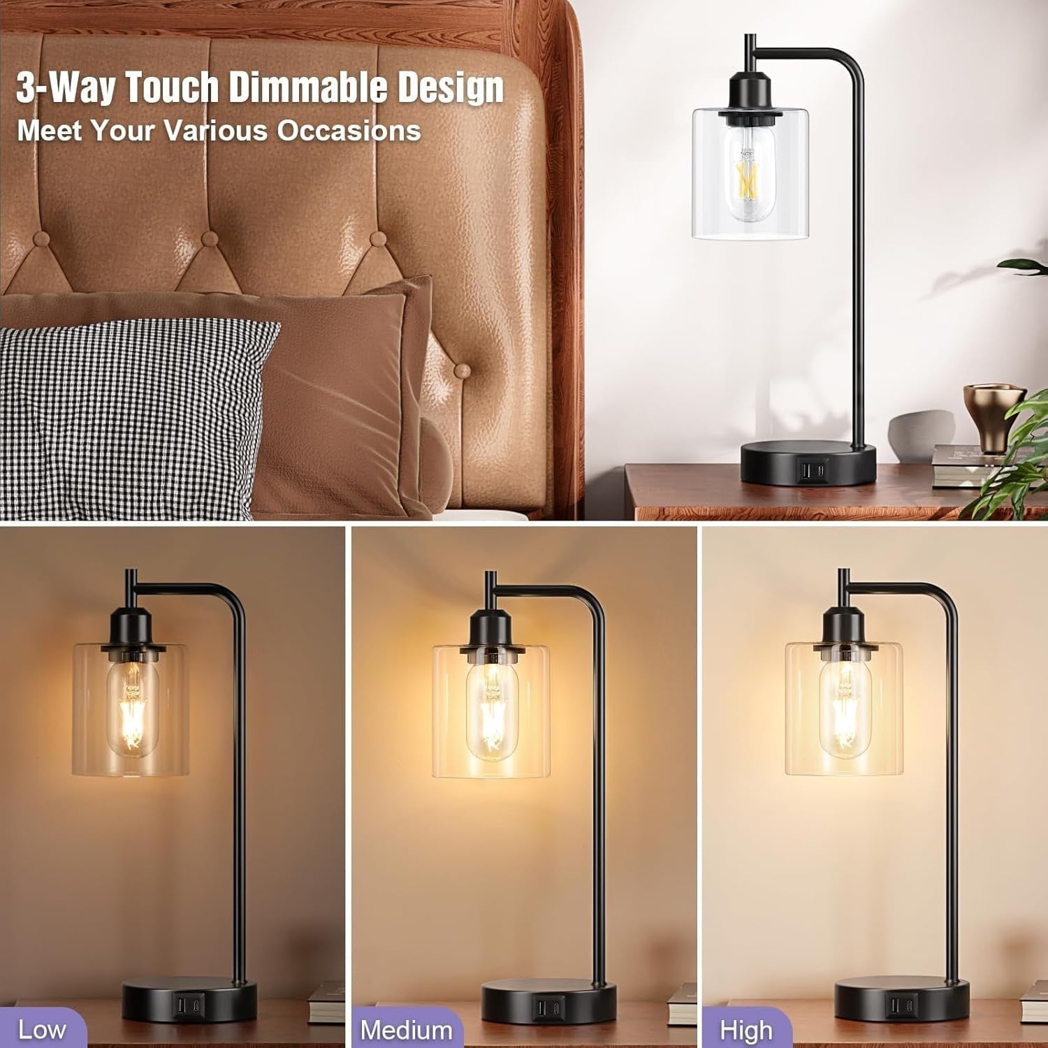 Black Touch Bedside Lamps Set of 2 USB C+A Dimmable Clear Glass