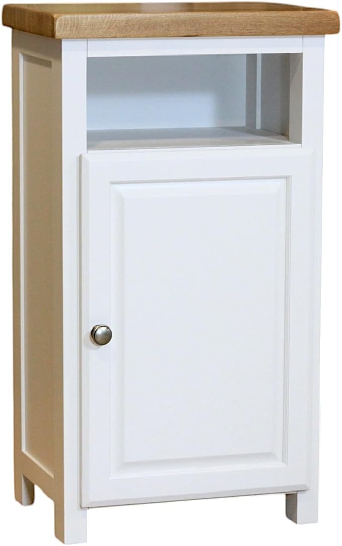 White Slim Wooden Cupboard with Oak Top Bathroom Storage Cabinet Unit