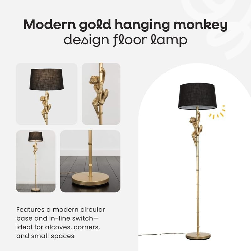 Gold Monkey Floor Lamp Black Shade Tall Statement Standing Light E27 LED
