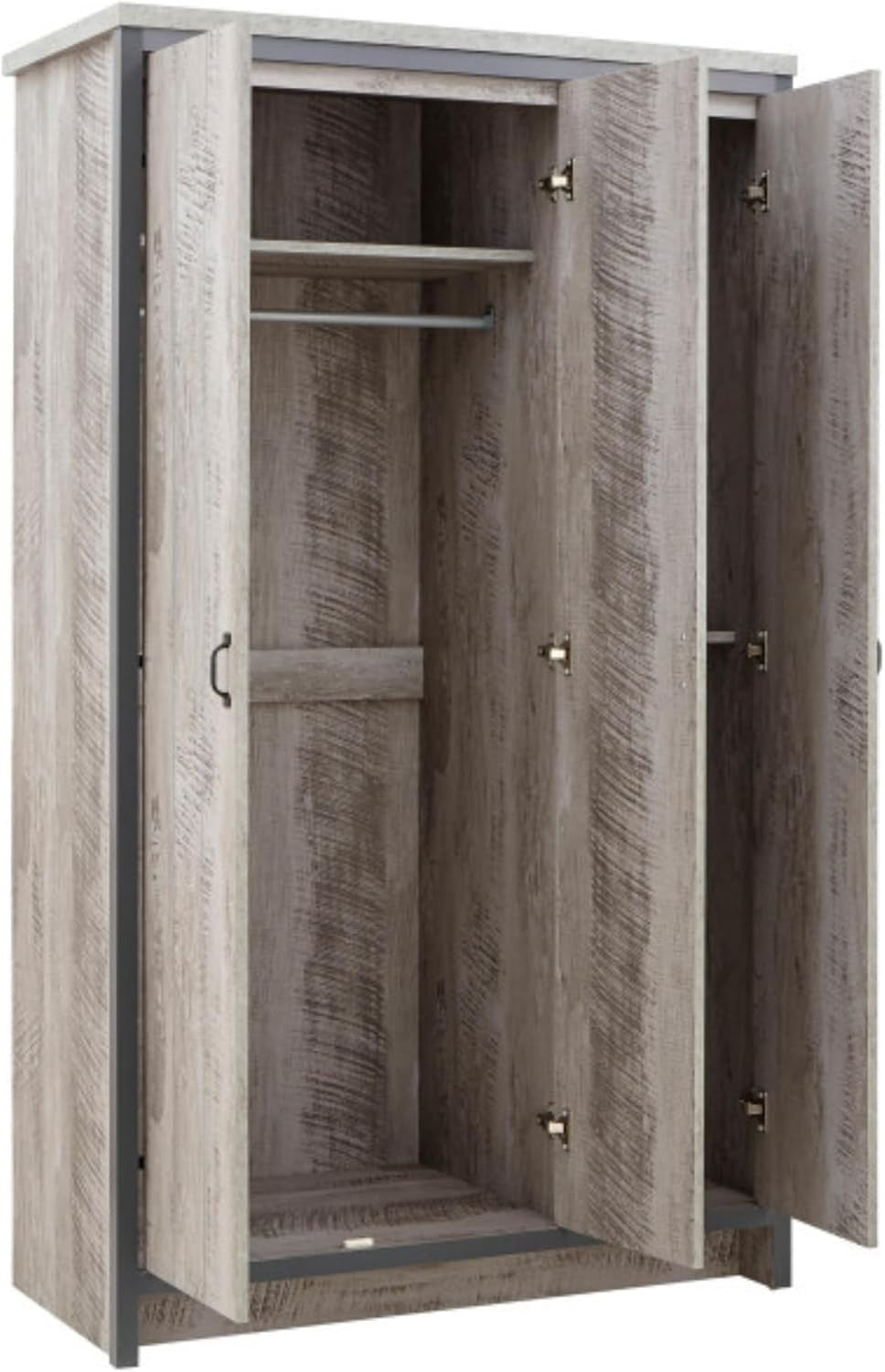 3 Door Grey Wardrobe Hanging Rail Shelves Bedroom Storage Cupboard