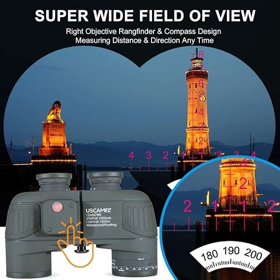 10x50 Marine Waterproof Binoculars with Compass & Rangefinder for Boating