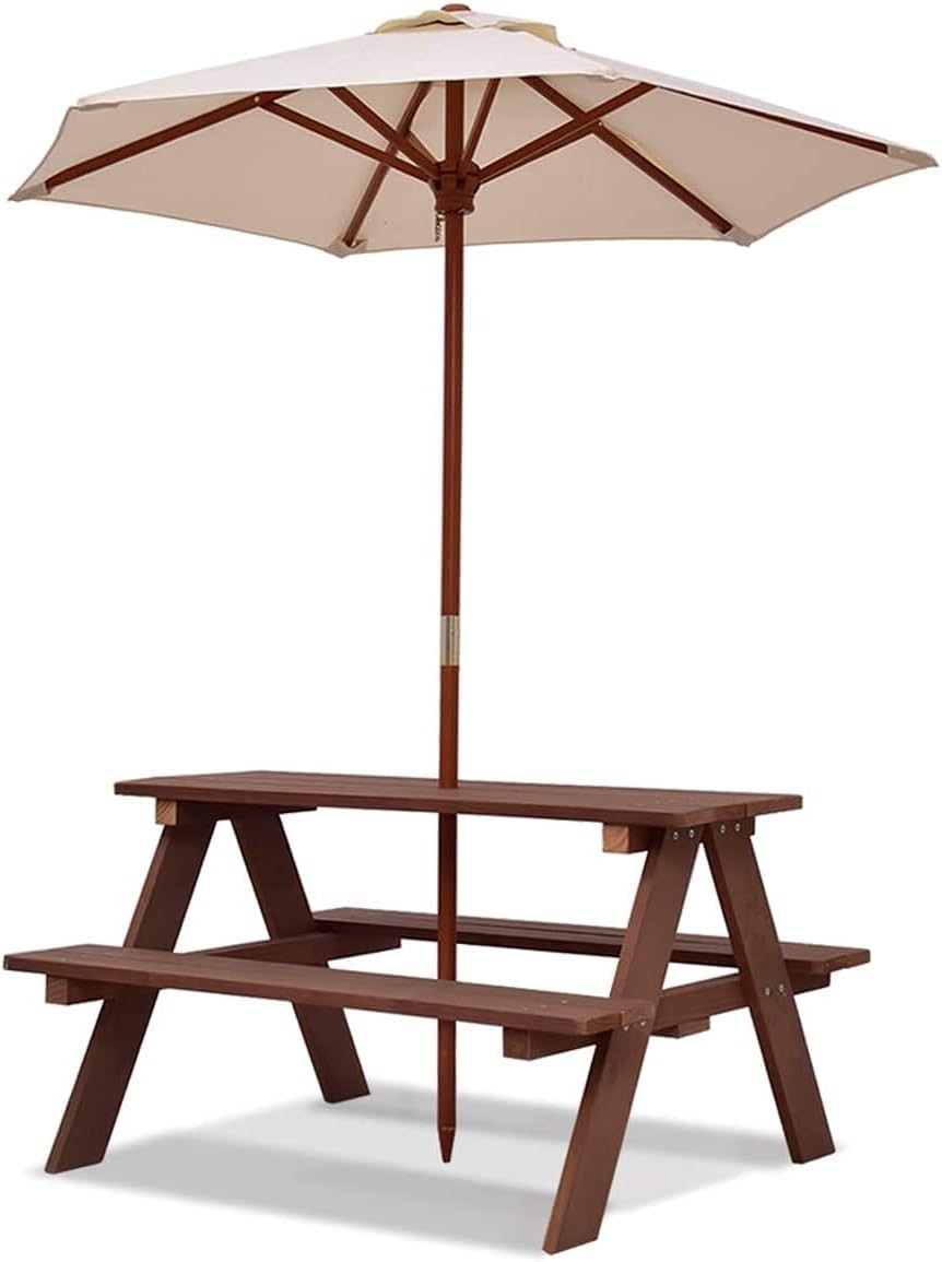 Kids Wooden Picnic Table with Removable Umbrella, Outdoor Bench Set