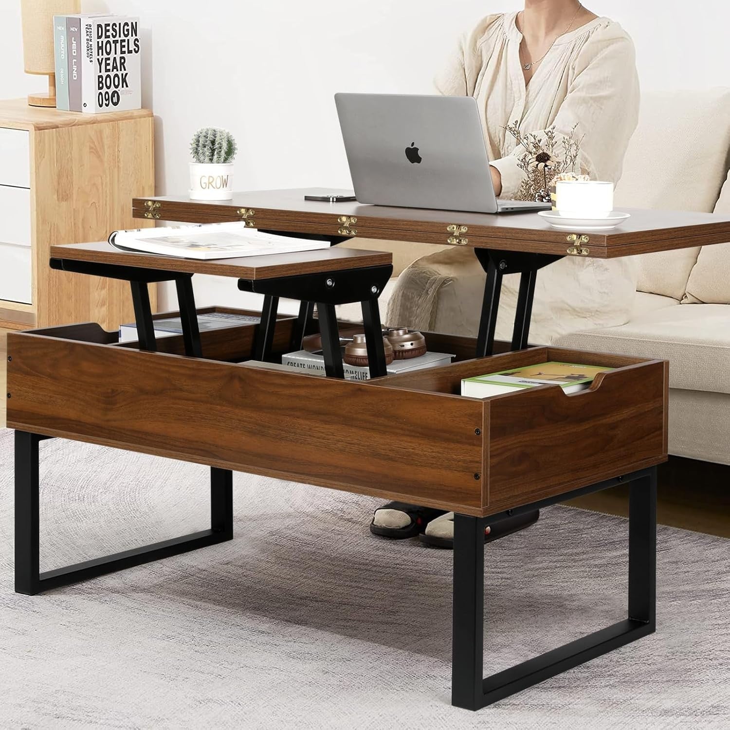 Multifunctional Lift Top Coffee Table with Hidden Storage Walnut 100x50x50cm
